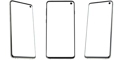 Realistic smartphone mockup. Mobile phone frame with blank white display, isolated templates, phone view from different angles. Mobile device concept