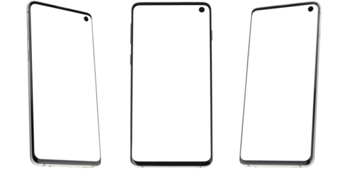 Realistic smartphone mockup. Mobile phone frame with blank white display, isolated templates, phone view from different angles. Mobile device concept