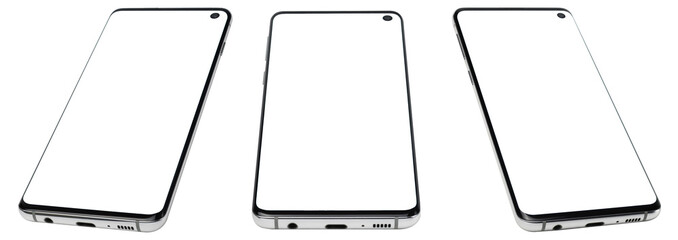 Realistic smartphone mockup. Mobile phone frame with blank white display, isolated templates, phone view from different angles. Mobile device concept