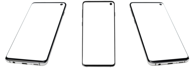 Realistic smartphone mockup. Mobile phone frame with blank white display, isolated templates, phone view from different angles. Mobile device concept