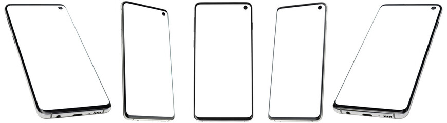 Realistic smartphone mockup. Mobile phone frame with blank white display, isolated templates, phone view from different angles. Mobile device concept