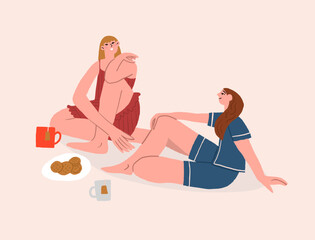 two girls are talking and drinking tea. Women friendship and communication. Flat vector illustration. Vector illustration