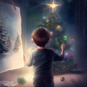 A Child Draws A Christmas Tree, A View From The Child's Back