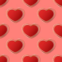 Red hearts seamless pattern. Volumetric vector hearts with gold abstract lines on pink background. Best for web, polygraphy, print and St. Valentine's Day decoration.