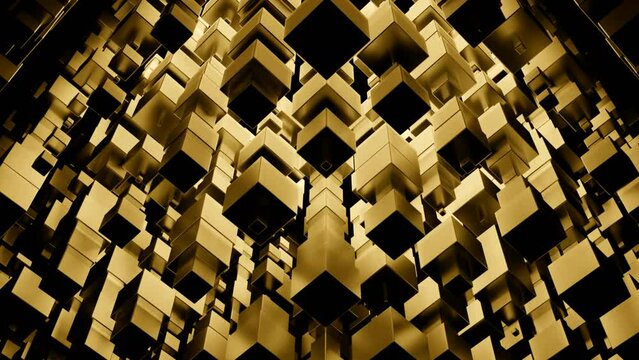 Blue and gold background. Design. Falling and rising squares on a black background in animation.