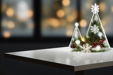 christmas decoration on white table and bokeh lights