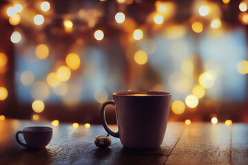 Obraz premium hot drink in window and Christmas lights