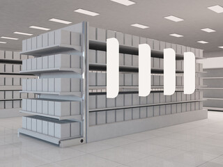 interior of a store or super market  with Gondola end and shelf-stopper. 3D rendering illustration © Adil Bouimama