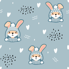Seamless pattern with hares, heart and doodle elements.Cute characters in hats, wavy lines and free hand dots.Blue and pink colors.Scandinavian style print on fabric and paper.Vector flat illustration