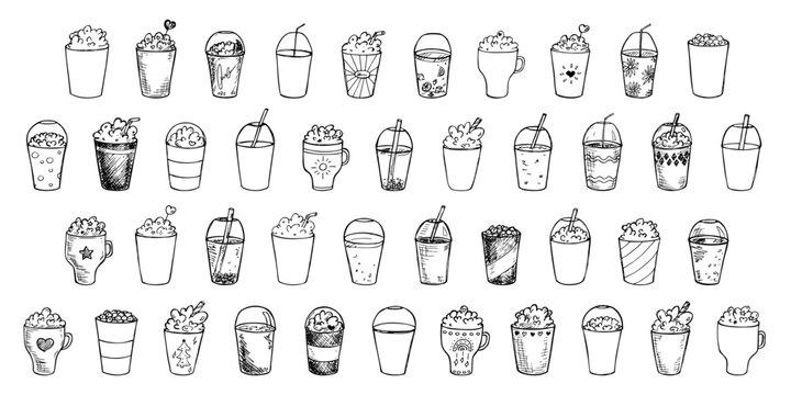 Cute cups of water, milkshake, juice and soda. Drink illustration. Simple cocktail clipart set