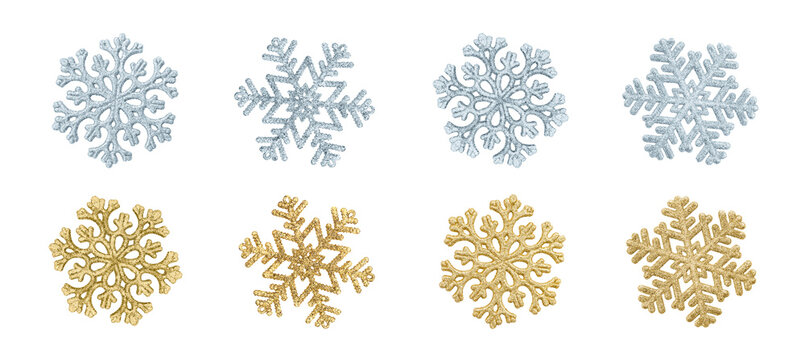 Set of sparkly snowflakes isolated on a white background.