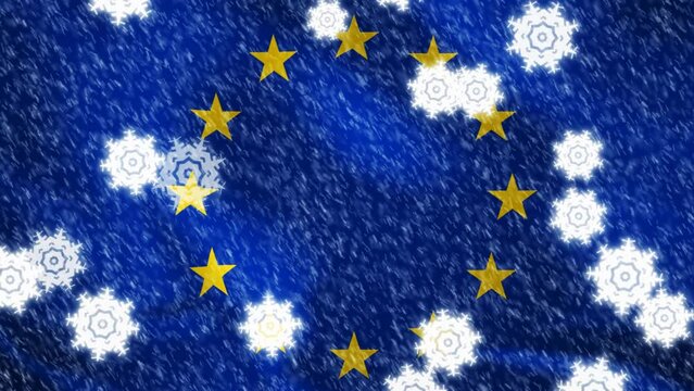 European Union flag in snow and falling snowflakes. Winter in EU, cold holidays season