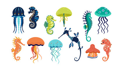 Set of colorful jellyfish and seahorses icons. Pretty different silhouette of sea animals on white background. For card, logo, kids pattern, tattoo, decorative concept. Cartoon vector illustration