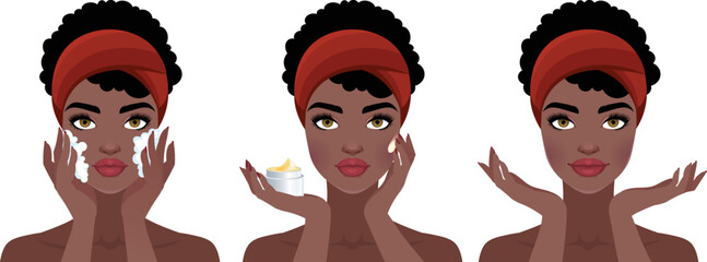 Young African American Beauty Woman Take Care of her Face and Washes and Applies Cosmetic Cream. Woman Making Skincare Procedures. Vector illustration Skin Care Routine, Hygiene and Moisturizing