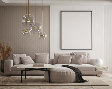 mock up poster frame in modern interior background, interior space, living room, Contemporary style, 3D render, 3D illustration