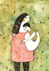 A baby hugging his mother