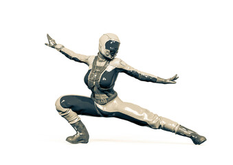 Fototapeta na wymiar cosmonaut girl is doing a kung fu fighter pose on white background