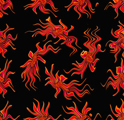 Abstract seamless pattern, wriggling fantastic flowers on a black background, unusual unique original texture, ornamental walpaper for decor, art, textile, print