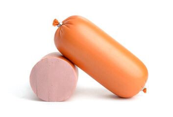 a whole stick of boiled sausage with half cut off in an orange shell on a white background close-up