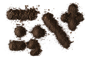 Pile of soil in shape punctuation marks, dirt isolated on white, top view 

