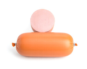 a whole stick of boiled sausage with half cut off in an orange shell on a white background close-up