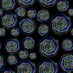 Blue purple on black seamless pattern, abstract irregular spiral circles, ornamental texture, colorful unusual christmas, new year background for print, textile, decor, art