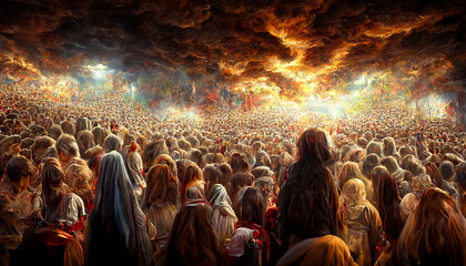 Fototapeta premium Revelation of Jesus Christ, new testament, religion of christianity, heaven and hell over the crowd of people, Jerusalem of the bible 
