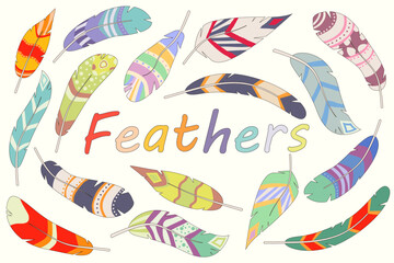 Fototapeta premium Tribal feathers, boho ethnic stylized bird feather. Flat cartoon elegant colorful bohemian feathering, indigenous feathers vector set