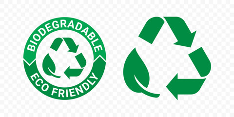 Biodegradable recyclable icons, organic bio package vector leaf and arrow label. Plastic free, eco safe recyclable and bio degradable package stamps - 544715705