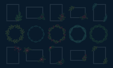 植物イラストの装飾フレーム, クリスマスのデザイン素材, ネイビーの背景にカラフルな線画. クリスマスカード, バナー, 招待状, ウェディングなどのデザイン用ベクターイラスト. 文字スペースありの線画フレーム.