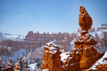 cold winter in bryce canyon national park, close-up on unique rock formations in utah covered in...