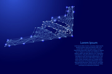 Aircraft, strategic stealth bomber from futuristic polygonal blue lines and glowing stars for banner, poster, greeting card. Low poly concept. Vector illustration.