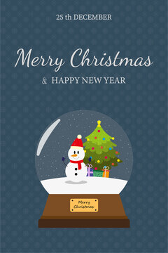 Snowman  with a gifts near the Christmas tree in a glass glode on a blue background