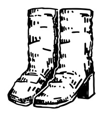 Doodle of women's high boots. Outline drawing of warm winter footwear. Hand drawn vector illustration. Single clipart isolated on white background.