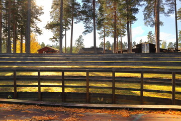 Outside theatre for crowd to sitt. View from the stage. Nature, fence. Eda, Värmland, Sweden.