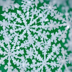 The image is of a snowflake crystal, magnified many times. The center appears to be hollow, and the edges are sharp and well-defined. The surface is covered in intricate patterns that look like they w
