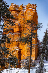 cold winter in bryce canyon national park, close-up on unique rock formations in utah covered in...