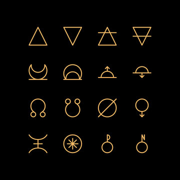 ASTROLOGY ELEMENTS zodiac horoscope thin line label linear design esoteric stylized elements symbols signs. Vector illustration icons