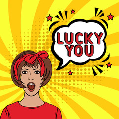 Comic lettering Lucky You. Concept of Success. Vector bright cartoon illustration in retro pop art style. Comic text sound effects.  Comic book explosion with text Lucky You promotion