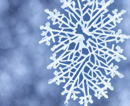A delicate snowflake crystal is close up in this picture. It's a complex and intricately designedpattern, looking like a miniature piece of art. The ice reflects the light, shining brightly against th