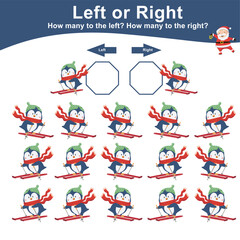 Educational worksheet for preschool kids. Left and right. Count how many the skiing penguin to the right and to the left. Math printable worksheet. Vector illustration file.