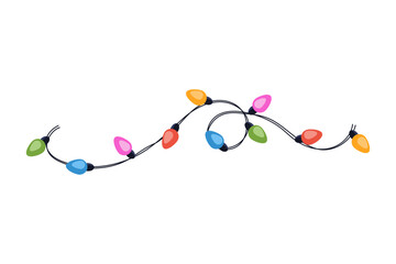 Festive multicolored garland on cable in flat style. Decoration, holiday concept. Graphic element.