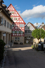 old, historic half-timbered houses in the old town of Vellberg in sunny autumn