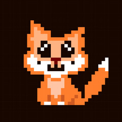 Pixel ginger cat kitten fox character for 2d video game, sprite. Cute big black pixel eyes. Black background. kawai. bright funny kind smile