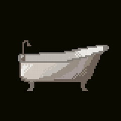 Gray white pixel bathroom on a black background. An item for 2d video games. Icon. Shower for home. Interior item object