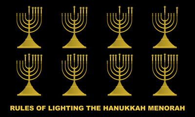 Hanukkah Menorah rules of lighting step by step. Hanukkiah line icon set. Jewish Religion Holiday for family. Candleholder silhouette isolated black background. Vector illustration