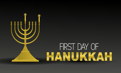 Jewish the first day holiday Hanukkah background, realistic menorah (traditional candelabra), burning candles, blur effect. Religious holiday art, Happy Hanukkah Vector illustration
