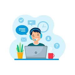 Man with headphones and microphone with laptop. Concept illustration for support, call center. Customer service.
