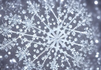 A single, beautiful snowflake crystal is photographed closeup. The image shows the intricate...