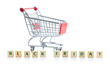 Black friday text and shopping cart isolated on white background.